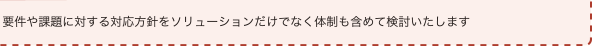 要件や課題に対する対応方針をソリューションだけでなく体制も含めて検討いたします