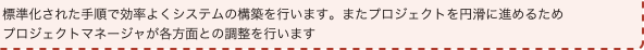 標準化された手順で効率よくシステムの構築を行います。またプロジェクトを円滑に進めるためプロジェクトマネージャが各方面との調整を行います